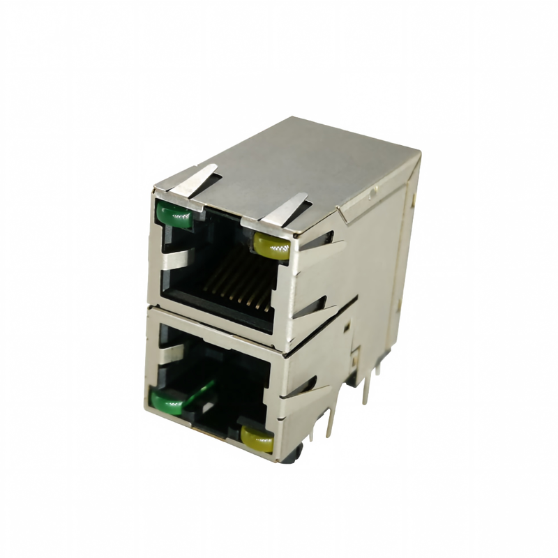 Double Layer 2-16 Ports RJ45 Modular Connector with LED Light Female Socket Metal Housing Brass Contact for PCB