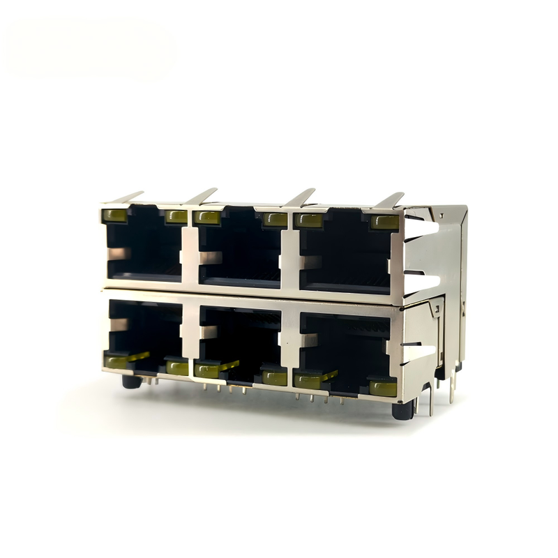 Double Layer 2-16 Ports RJ45 Modular Connector with LED Light Female Socket Metal Housing Brass Contact for PCB