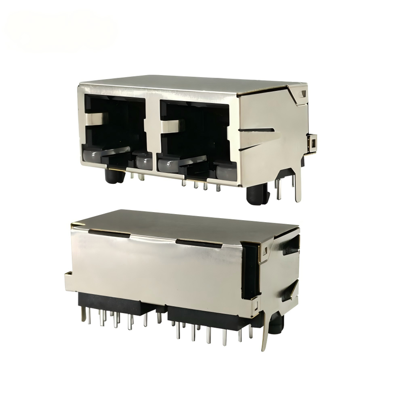 Multi-Port 1*2 2 Ports RJ 45 Modular Connector, Female 2*8P 16P Right Angle PCB Plug Modular Jack Connector RJ45 Shielded Socket