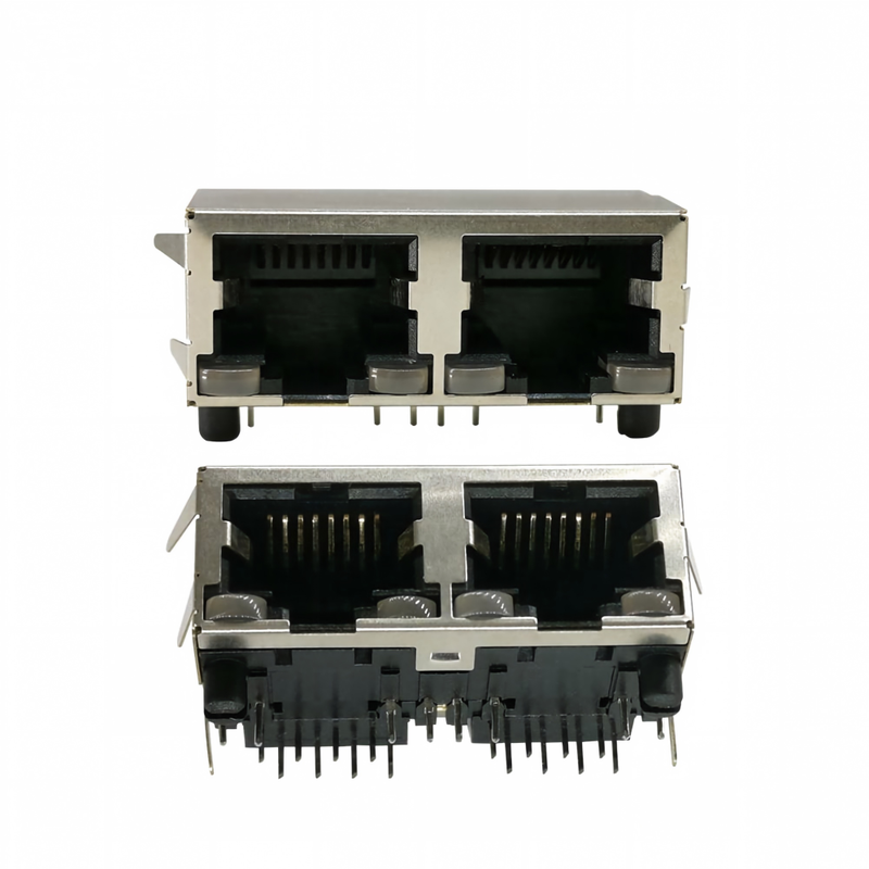 Multi-Port 1*2 2 Ports RJ 45 Modular Connector, Female 2*8P 16P Right Angle PCB Plug Modular Jack Connector RJ45 Shielded Socket
