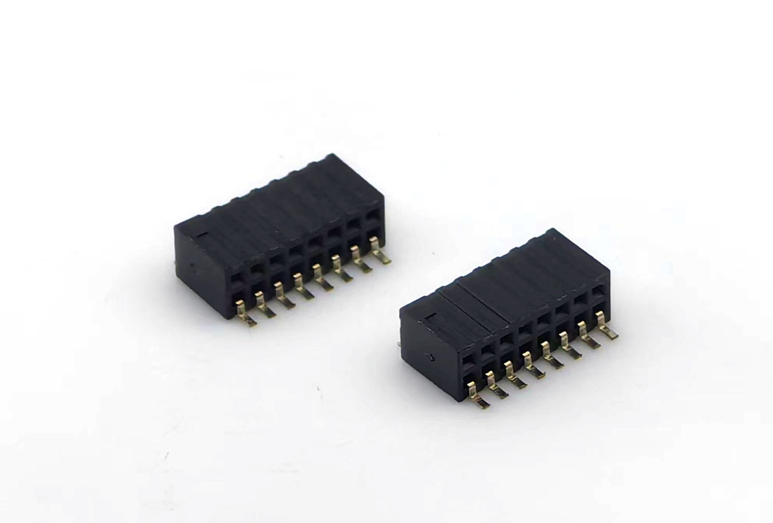1.27mm 피치 여성 헤더 커넥터 듀얼 라우 사이드 엔트리 SMT PCB 어댑터 청동 접촉 나일론 하우징 H3.45mm 2*8P